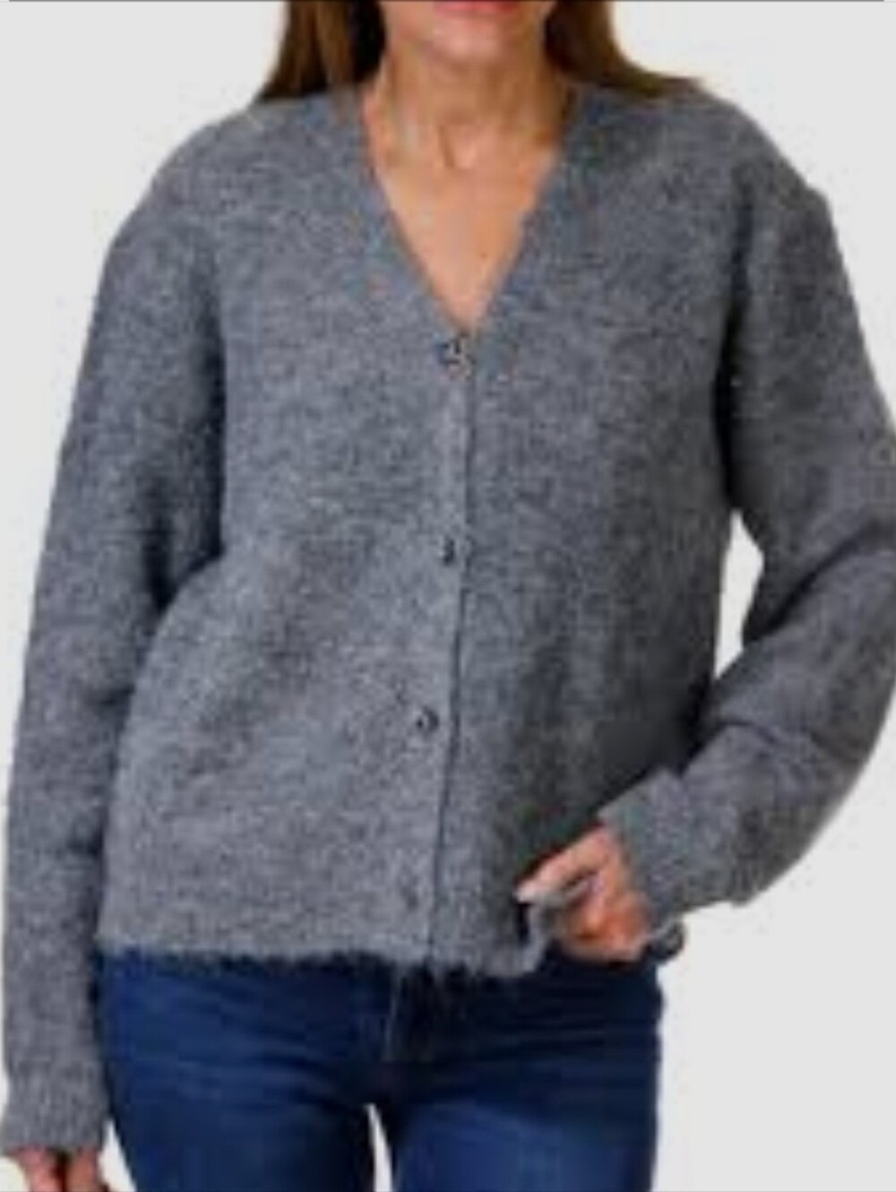 Express V-neck fuzzy cardigan, soft textured knit, silver tone button-front, M
